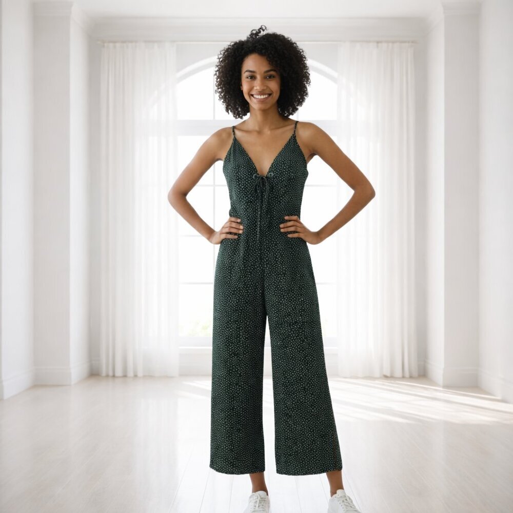 Audrey 3+1 Green Polka Dot Wide Leg Jumpsuit M Tie Front Spaghetti Strap Romper